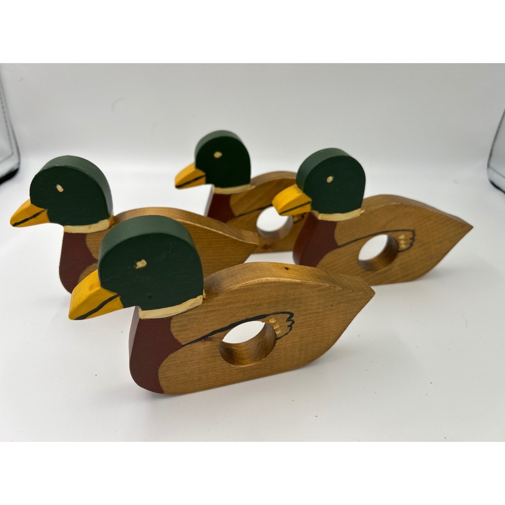 Vintage Wooden Mallard Duck Napkin Rings Set of 4 Rustic Cabin Lodge Decor